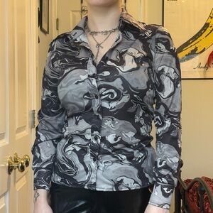 Vintage 70s Polyester Marble Print Blouse